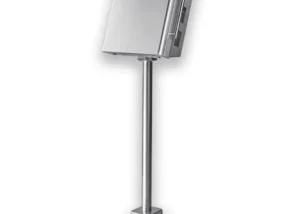CONSOLLE SERIE PLP, ricorda un totem con un box quadrato su un piedistallo di acciaio con un robusto piede