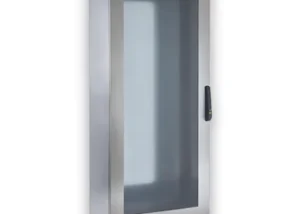 Immagine di armadio compatto con porta trasparente e maniglia nera, molto verticale con piedi di supporto