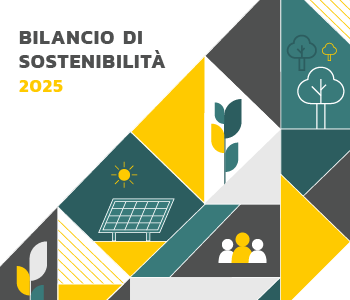Copertina del bilancio di sostenibilità 2025 Mapgama, parte sinistra in alto con scritta in grigio Bilancio di sostenibilità 2025 in giallo, parte sotto e a destra con infografica composta da collage di forme geometriche triangolari, quadrate, disposta in diagonale, dai colori verdi, gialli, bianchi e grigi pieni. Al loro interno disegni stilizzati di: un macchinario, alcuni alberi, un pannello fotovoltaico con un sole, un gruppo di persone