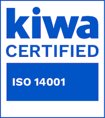 Logo Kiwa certified ISO 14001, scritto in blu medio con box sotto scritta ISO 14001